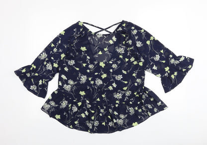 Boohoo Womens Blue Floral Polyester Basic Blouse Size 8 V-Neck