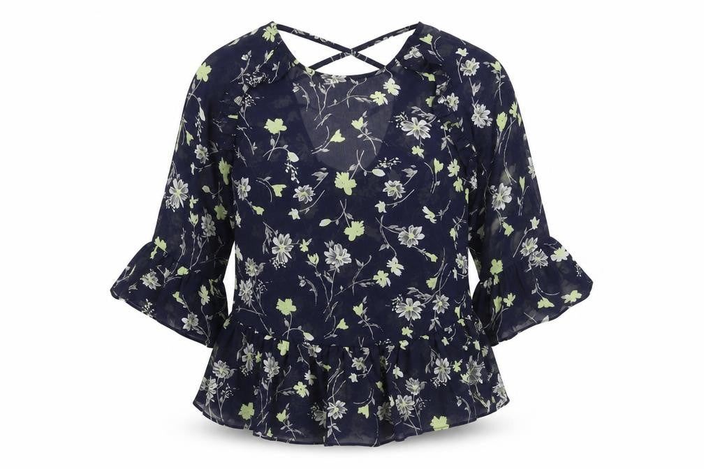 Boohoo Womens Blue Floral Polyester Basic Blouse Size 8 V-Neck