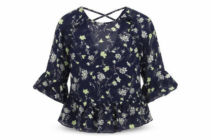 Boohoo Womens Blue Floral Polyester Basic Blouse Size 8 V-Neck
