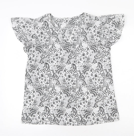 Peacocks Womens White Geometric Polyester Basic T-Shirt Size 10 Round Neck
