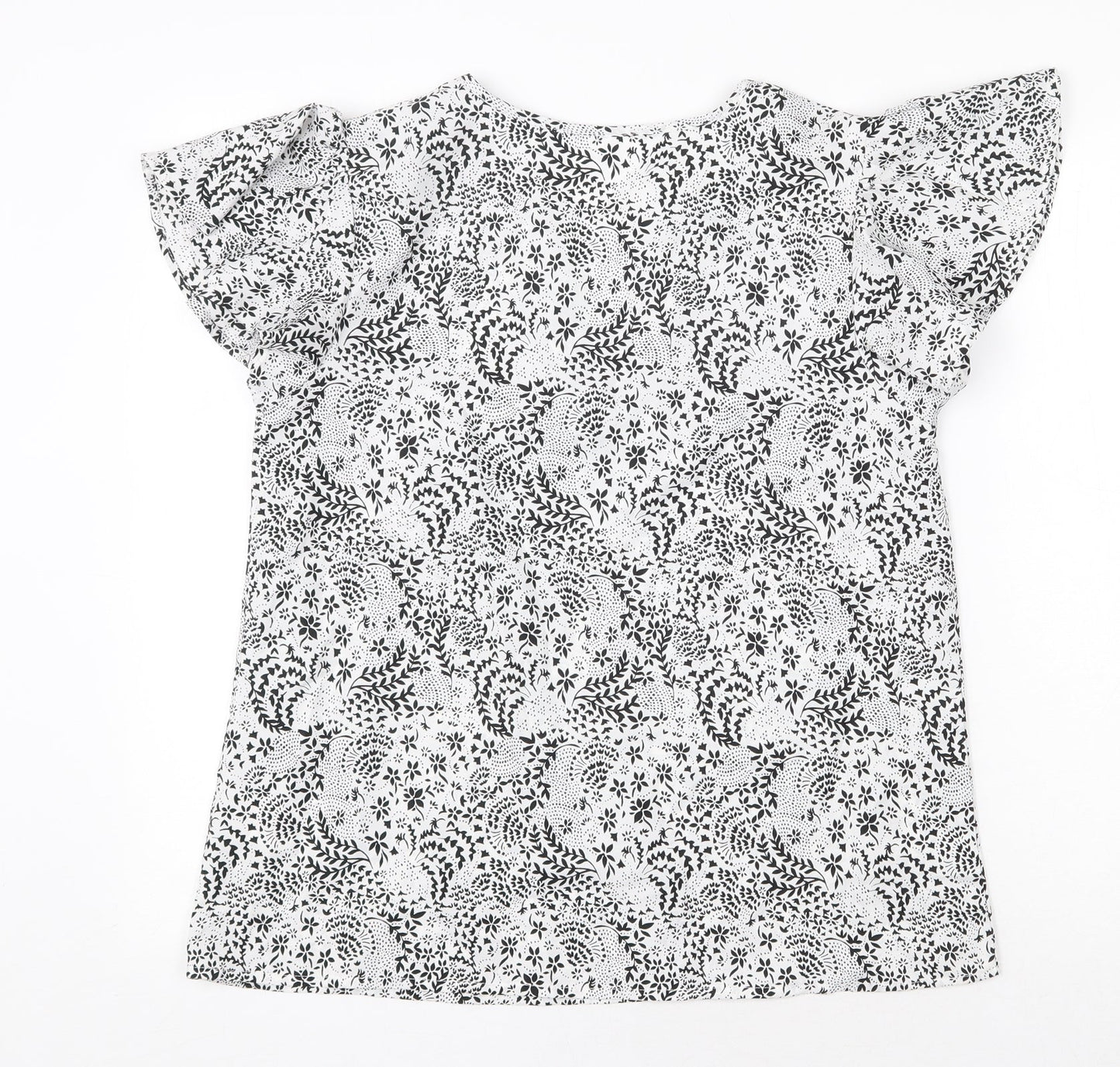 Peacocks Womens White Geometric Polyester Basic T-Shirt Size 10 Round Neck