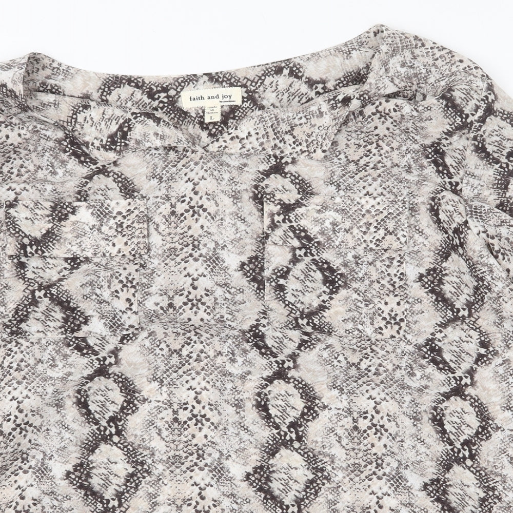 Faith and Joy Womens Beige Animal Print Polyester Basic Blouse Size L V-Neck - Snake Print