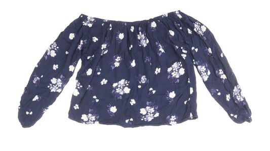 Hollister Womens Blue Floral Viscose Cropped Blouse Size S Off the Shoulder - Bardot