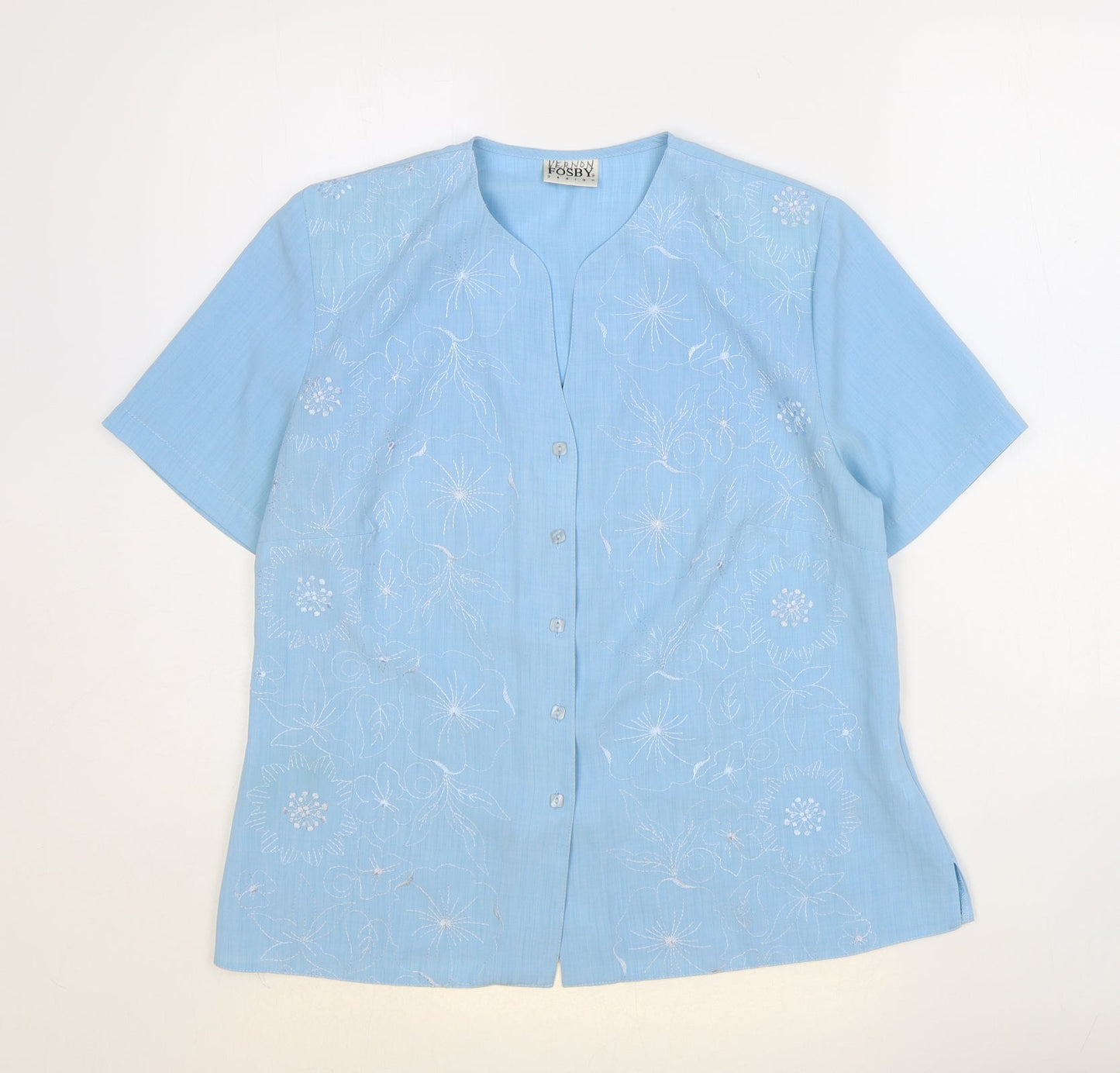 VERNON FOSBY Womens Blue Floral Polyester Basic Button-Up Size 12 V-Neck