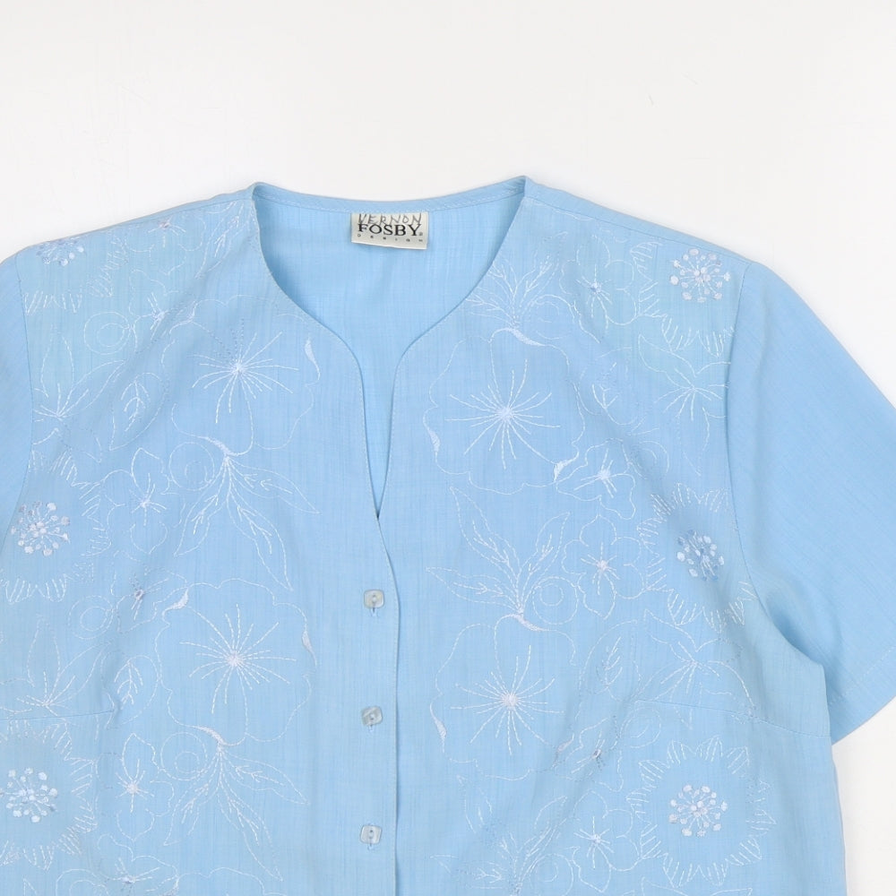 VERNON FOSBY Womens Blue Floral Polyester Basic Button-Up Size 12 V-Neck