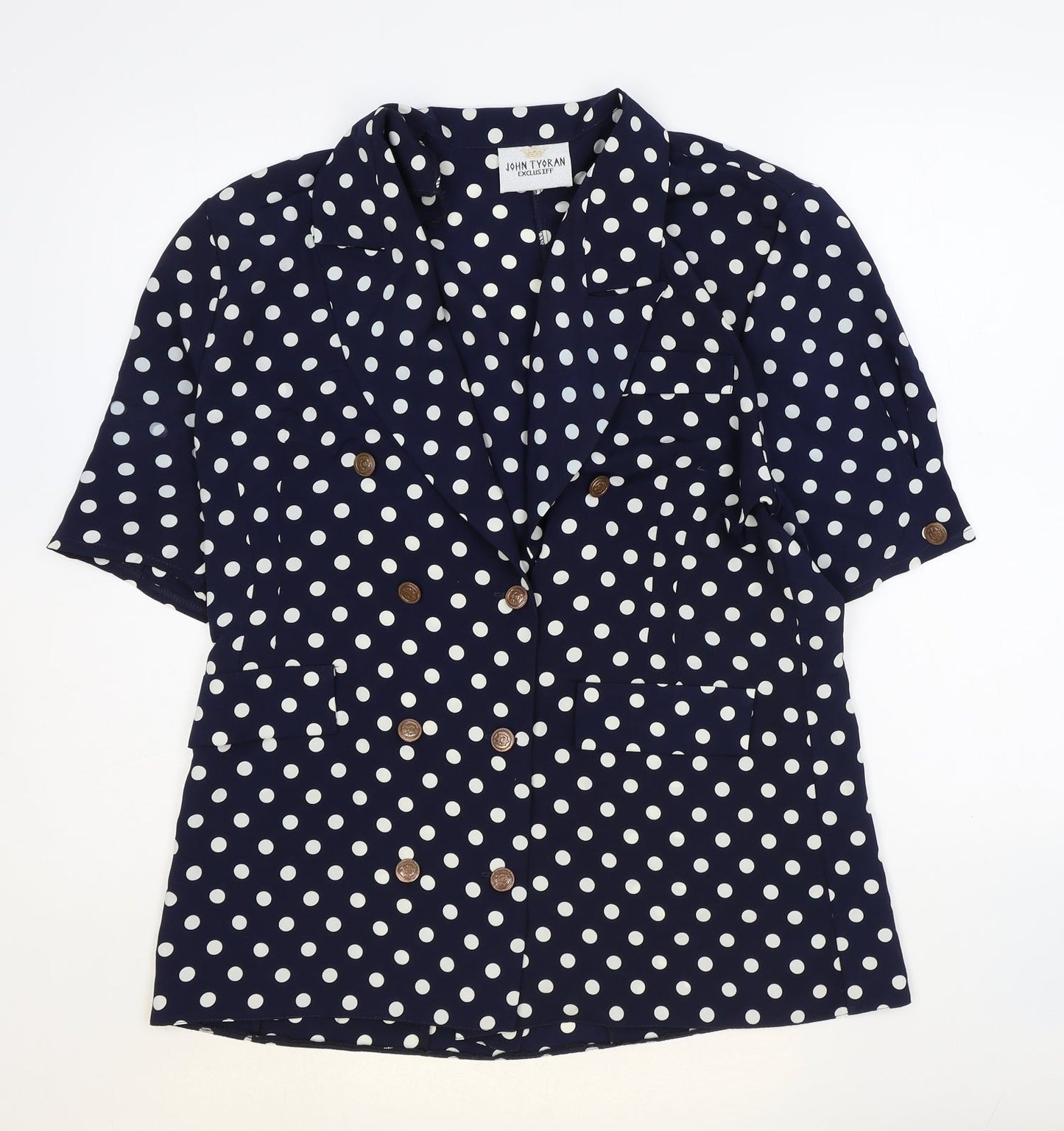 John Tyoran Womens Blue Polka Dot Polyester Basic Blouse Size 14 Collared