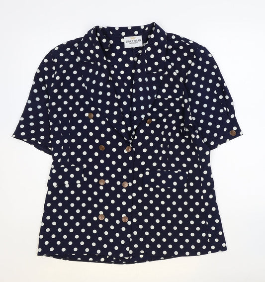John Tyoran Womens Blue Polka Dot Polyester Basic Blouse Size 14 Collared