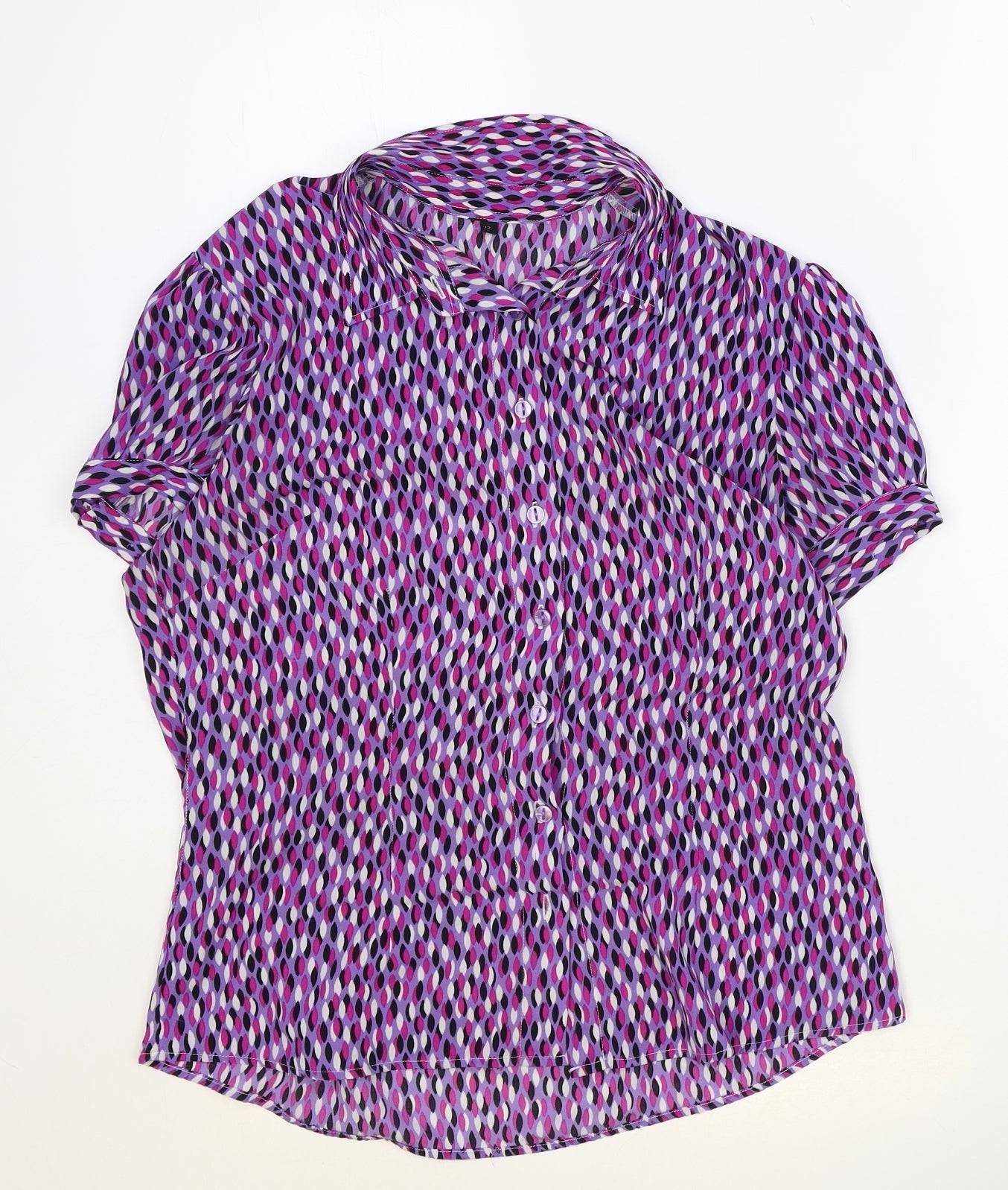 Preworn Womens Purple Geometric Polyester Basic Button-Up Size 12 Collared