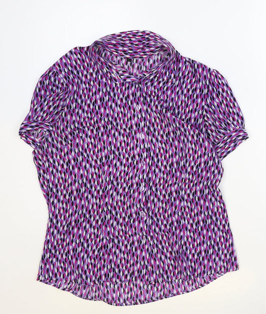 Preworn Womens Purple Geometric Polyester Basic Button-Up Size 12 Collared