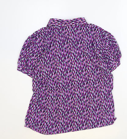 Preworn Womens Purple Geometric Polyester Basic Button-Up Size 12 Collared