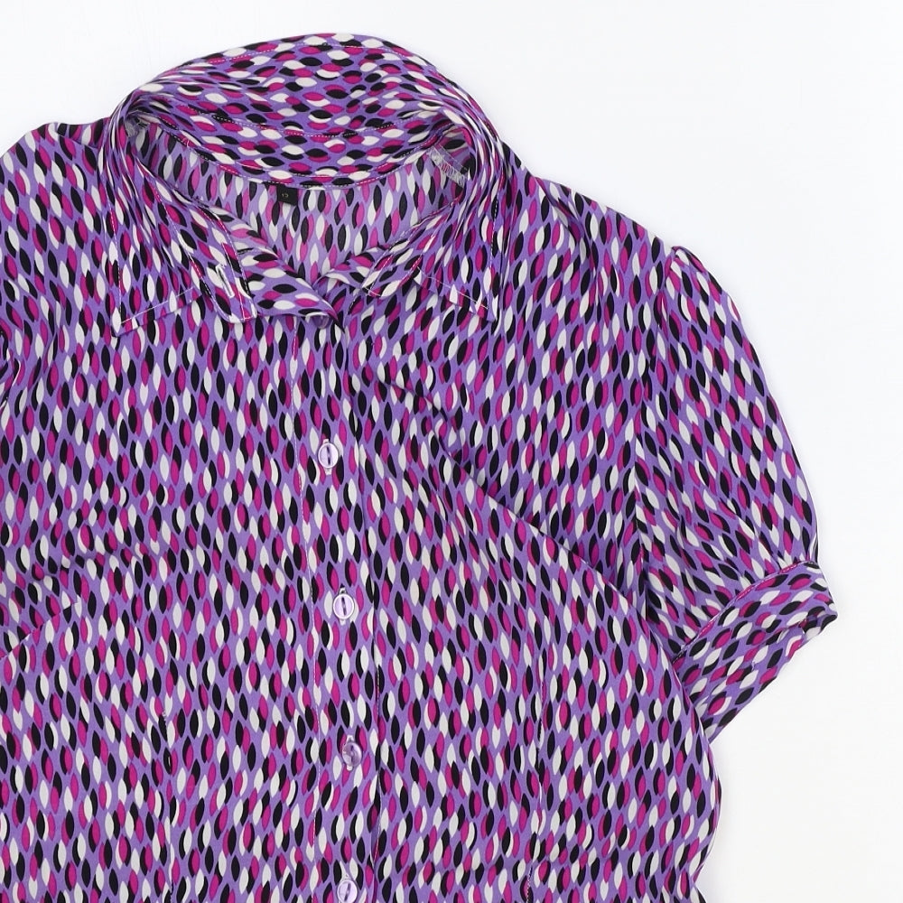 Preworn Womens Purple Geometric Polyester Basic Button-Up Size 12 Collared