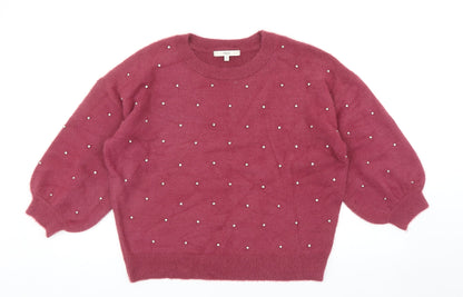 Next Womens Red Round Neck Polka Dot Nylon Pullover Jumper Size 14