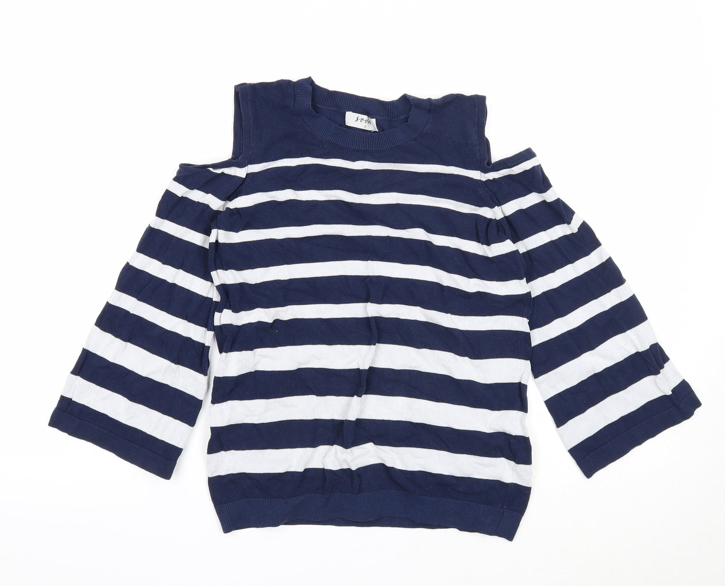 Soon Womens Blue Round Neck Striped Viscose Pullover Jumper Size 8 - Cold Shoulder