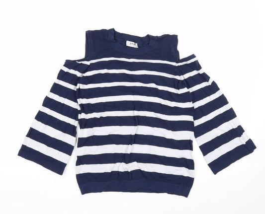 Soon Womens Blue Round Neck Striped Viscose Pullover Jumper Size 8 - Cold Shoulder