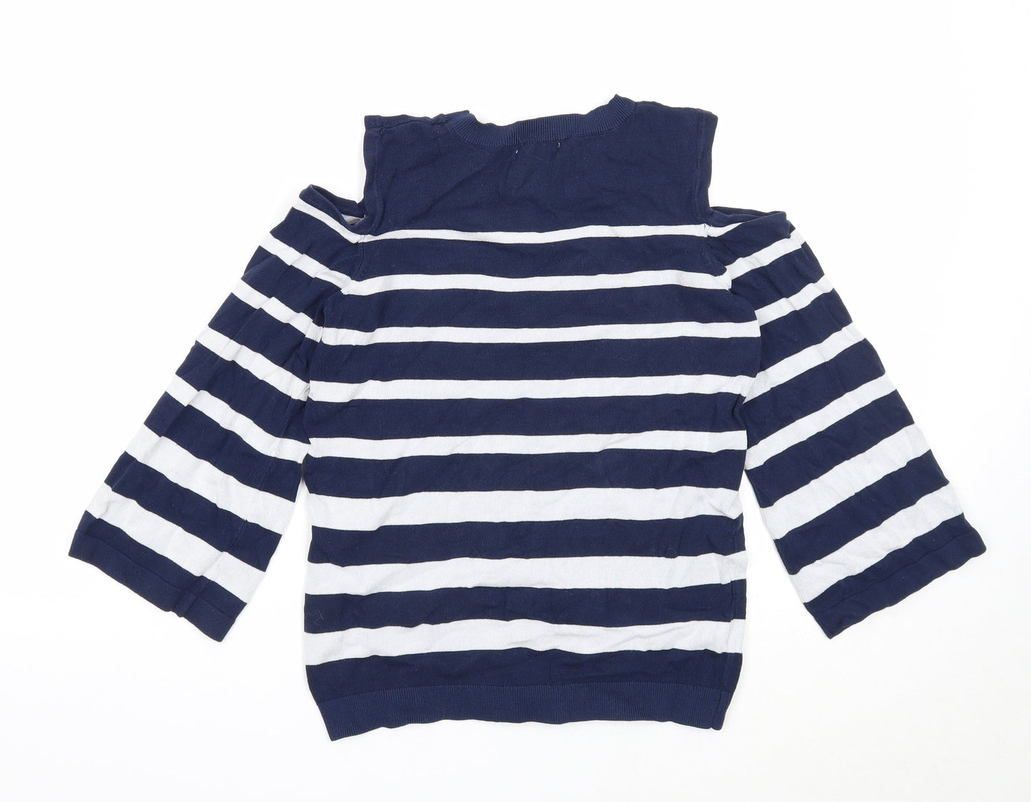 Soon Womens Blue Round Neck Striped Viscose Pullover Jumper Size 8 - Cold Shoulder