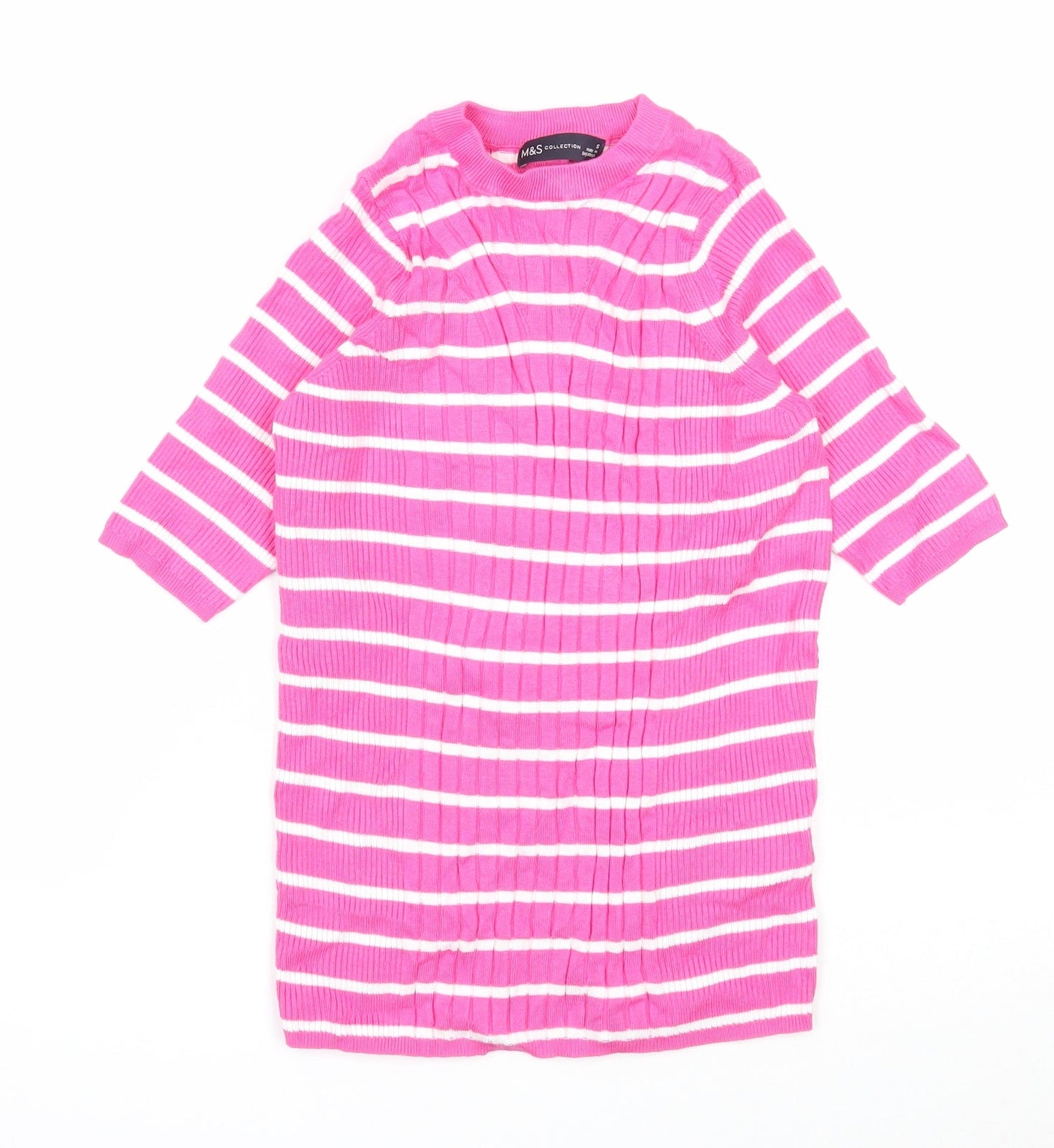 Marks and Spencer Womens Pink Round Neck Striped Viscose Pullover Jumper Size S