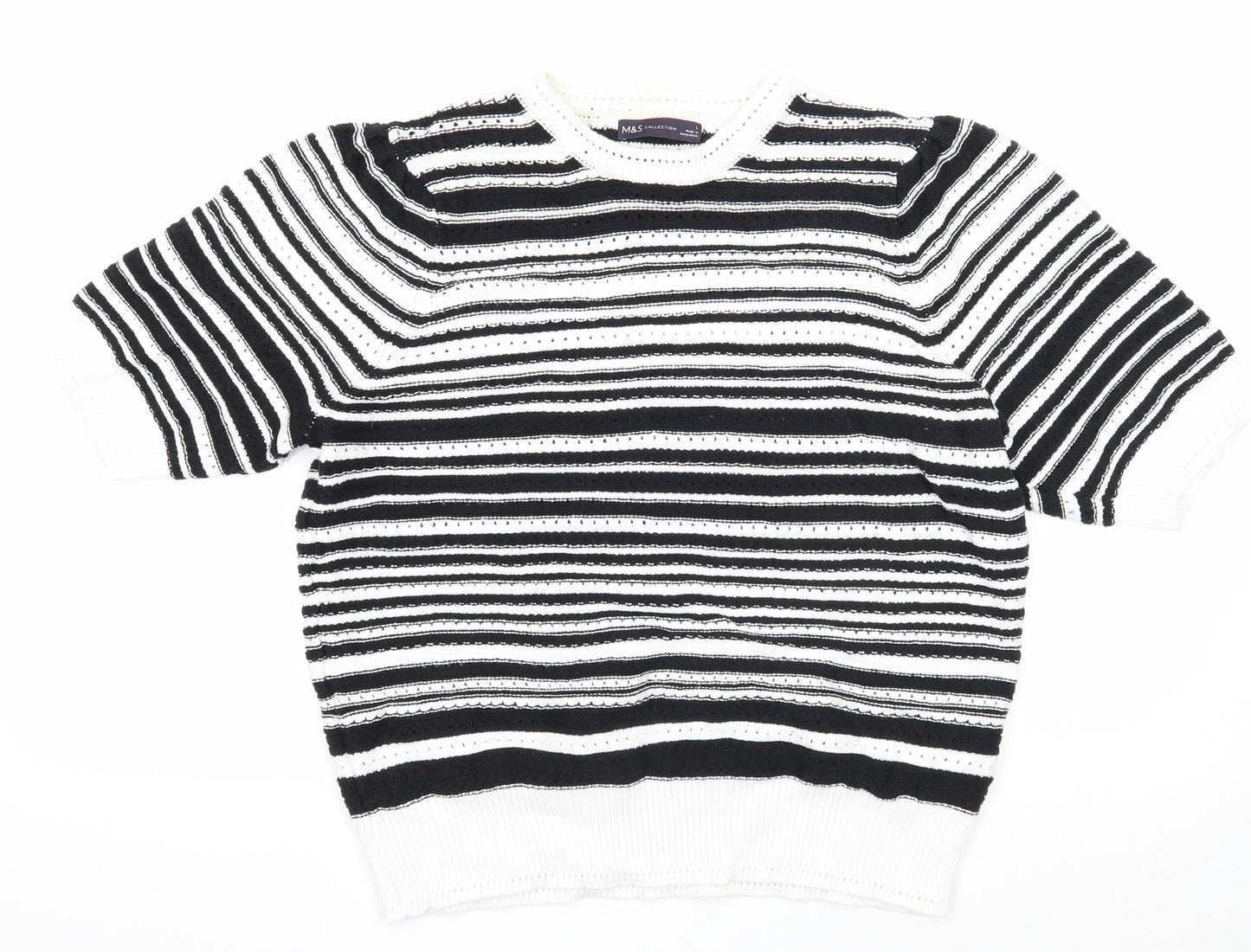 Marks and Spencer Womens White Round Neck Striped Cotton Pullover Jumper Size L