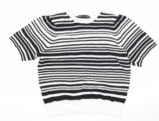 Marks and Spencer Womens White Round Neck Striped Cotton Pullover Jumper Size L