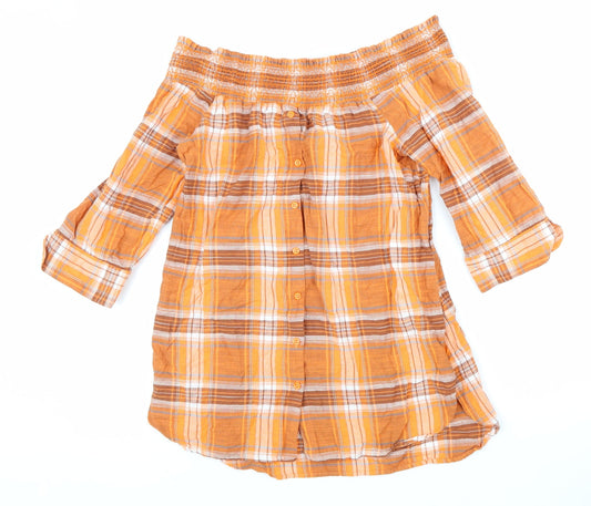 NEXT Womens Orange Plaid Cotton Basic Blouse Size 10 Boat Neck