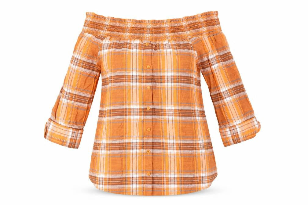 NEXT Womens Orange Plaid Cotton Basic Blouse Size 10 Boat Neck