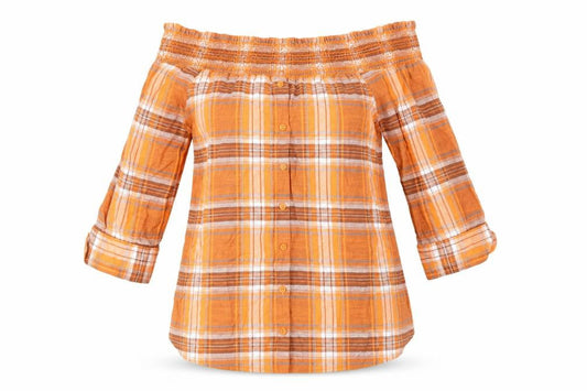 NEXT Womens Orange Plaid Cotton Basic Blouse Size 10 Boat Neck