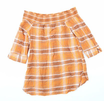 Next Womens Orange Plaid Cotton Basic Blouse Size 10 Boat Neck