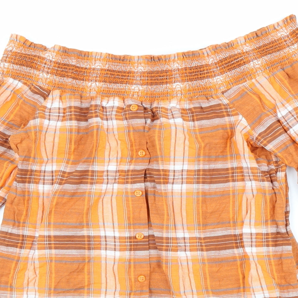 NEXT Womens Orange Plaid Cotton Basic Blouse Size 10 Boat Neck