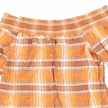 Next Womens Orange Plaid Cotton Basic Blouse Size 10 Boat Neck