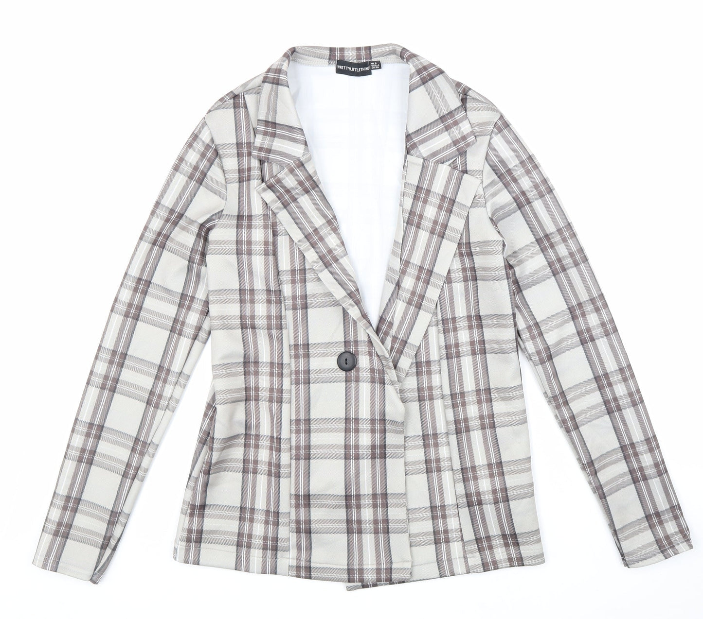 PRETTYLITTLETHING Womens Beige Plaid Jacket Size 8 Button