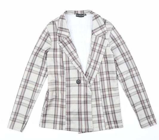 PRETTYLITTLETHING Womens Beige Plaid Jacket Size 8 Button