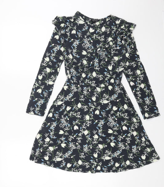Topshop Womens Blue Floral Cotton Fit & Flare Size 6 Round Neck Pullover