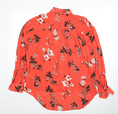 Marks & Spencer Womens Red Geometric Viscose Basic Button-Up Size 14 V-Neck
