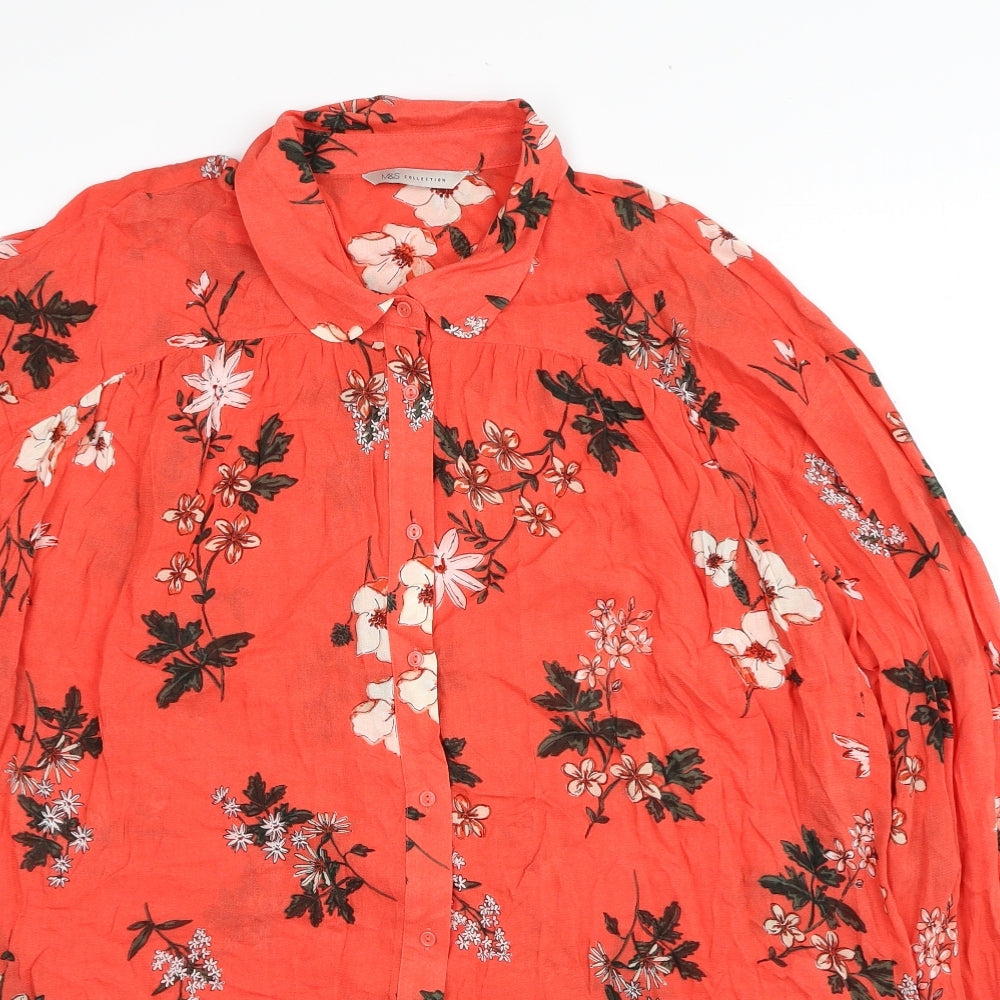Marks and Spencer Womens Red Geometric Viscose Basic Button-Up Size 14 V-Neck