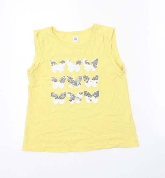 Gap Girls Yellow 100% Cotton Basic Tank Size 10-11 Years Round Neck Pullover - Butterfly