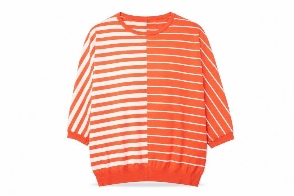 Text Womens Orange Round Neck Striped Viscose Pullover Jumper Size XL