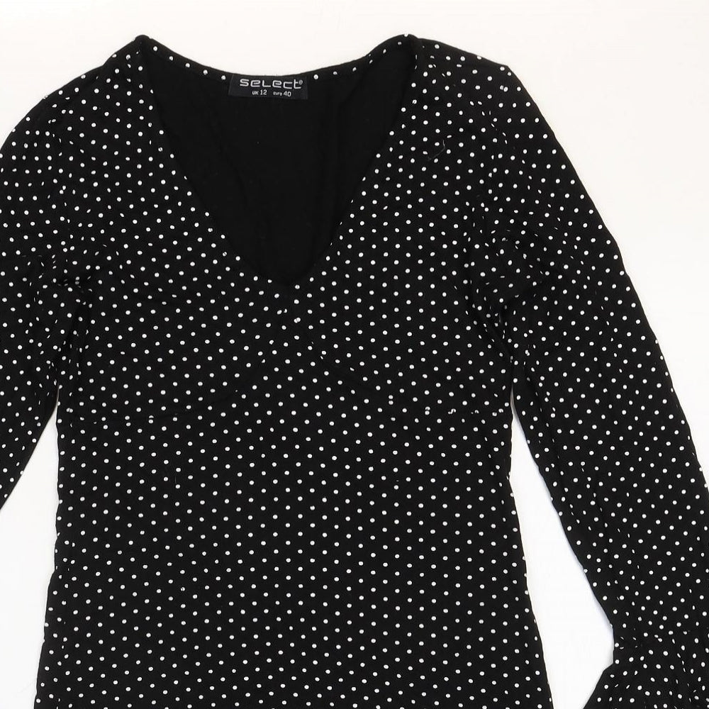 Select Womens Black Polka Dot Viscose Mermaid Size 12 V-Neck Pullover