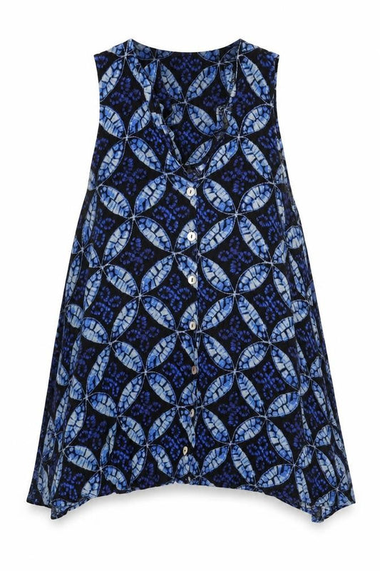 Womens Blue Geometric Rayon Trapeze & Swing Size S V-Neck Button