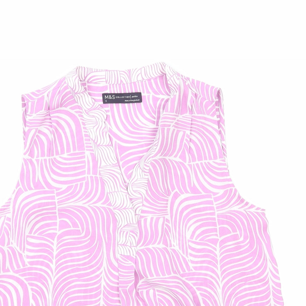 Marks and Spencer Womens Pink Geometric Polyester Basic Blouse Size 6 V-Neck