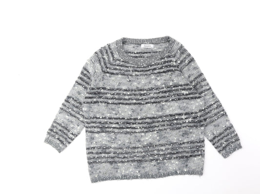 Alexara Womens Grey Round Neck Striped Polyamide Pullover Jumper Size XL