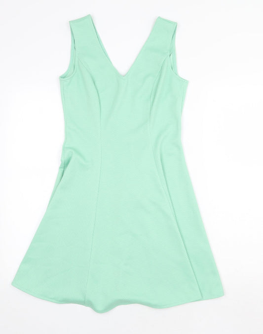 Tokyo Doll Womens Green Polyester Skater Dress Size 8 V-Neck Zip