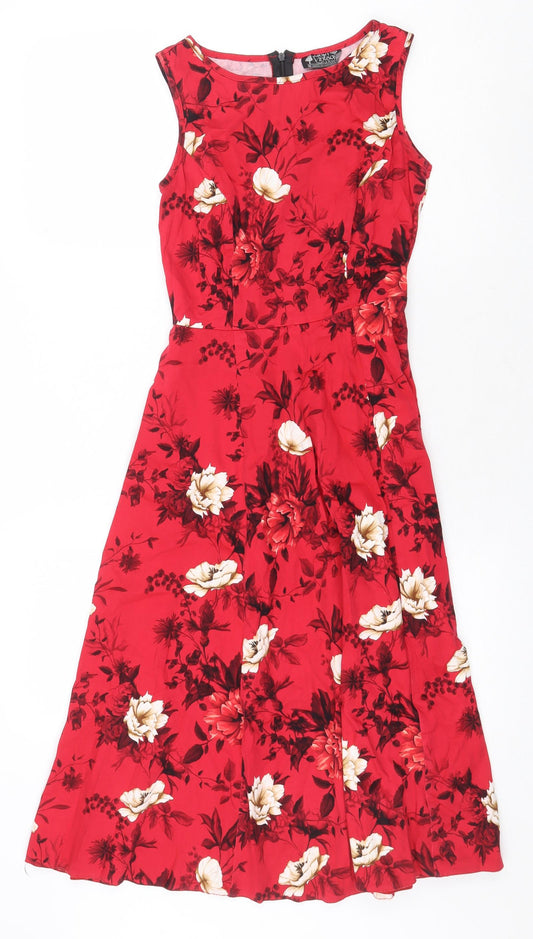 Lady Vintage Womens Red Floral Cotton A-Line Size 8 Boat Neck Zip