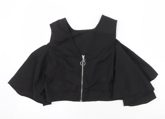 Flammode Womens Black Polyester Cropped Blouse Size S V-Neck - Cold Shoulder Angel Sleeve
