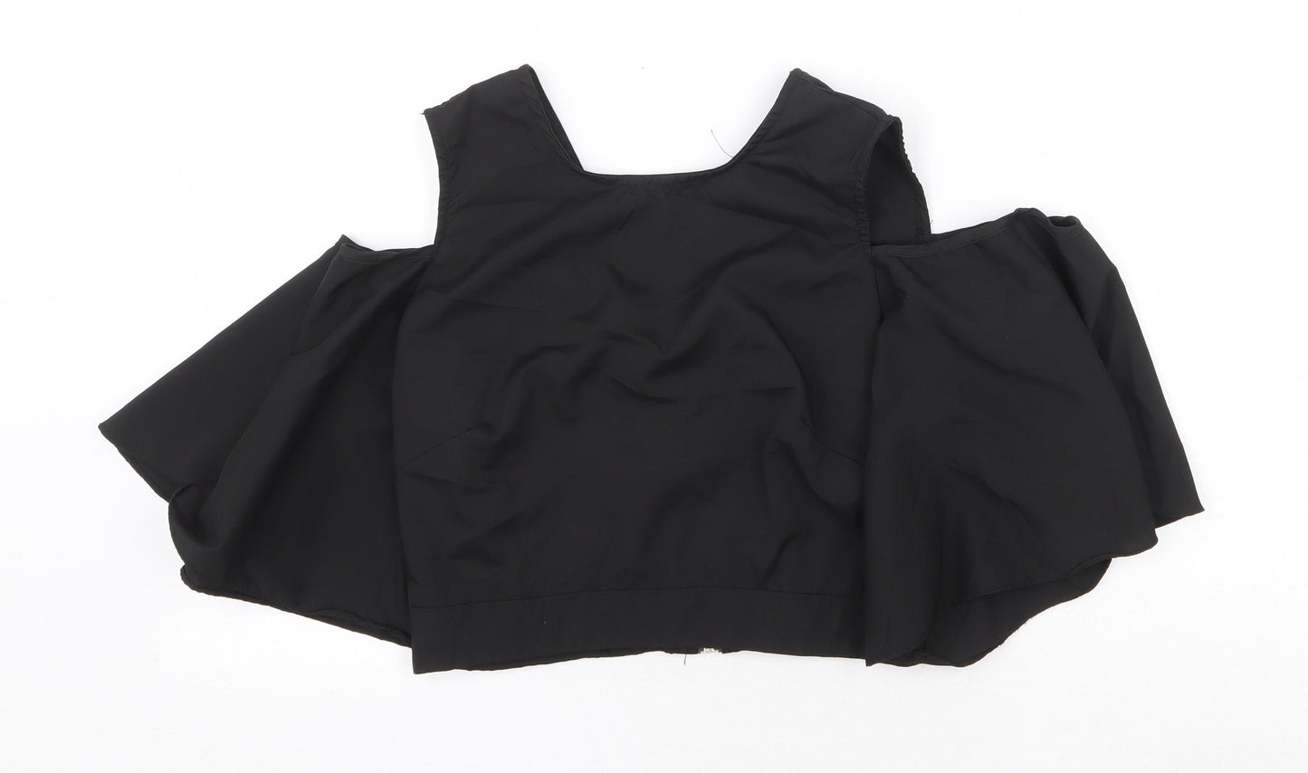 Flammode Womens Black Polyester Cropped Blouse Size S V-Neck - Cold Shoulder Angel Sleeve