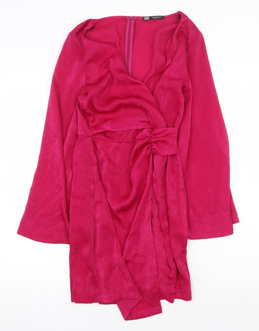 Zara Womens Pink Polyester A-Line Size XS V-Neck Zip