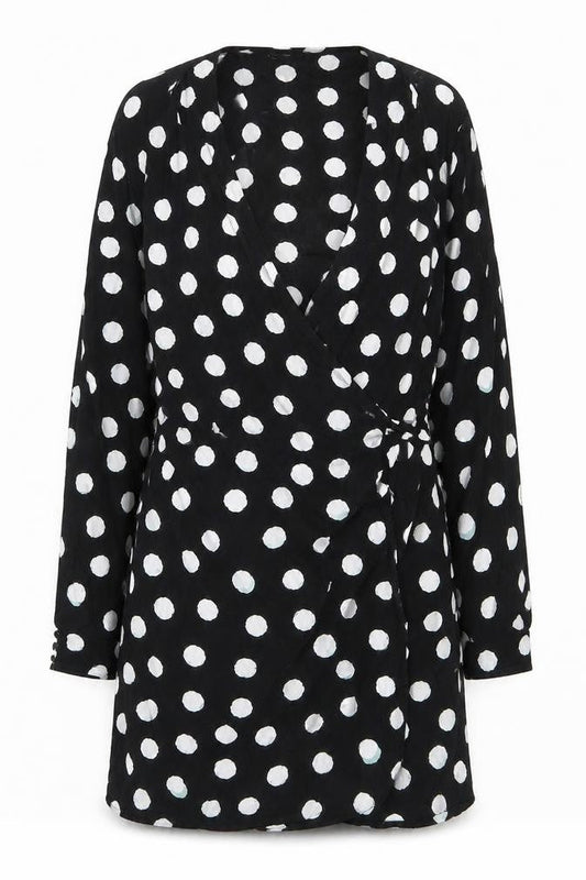 Topshop Womens Black Polka Dot Viscose Wrap Dress Size 8 V-Neck Tie