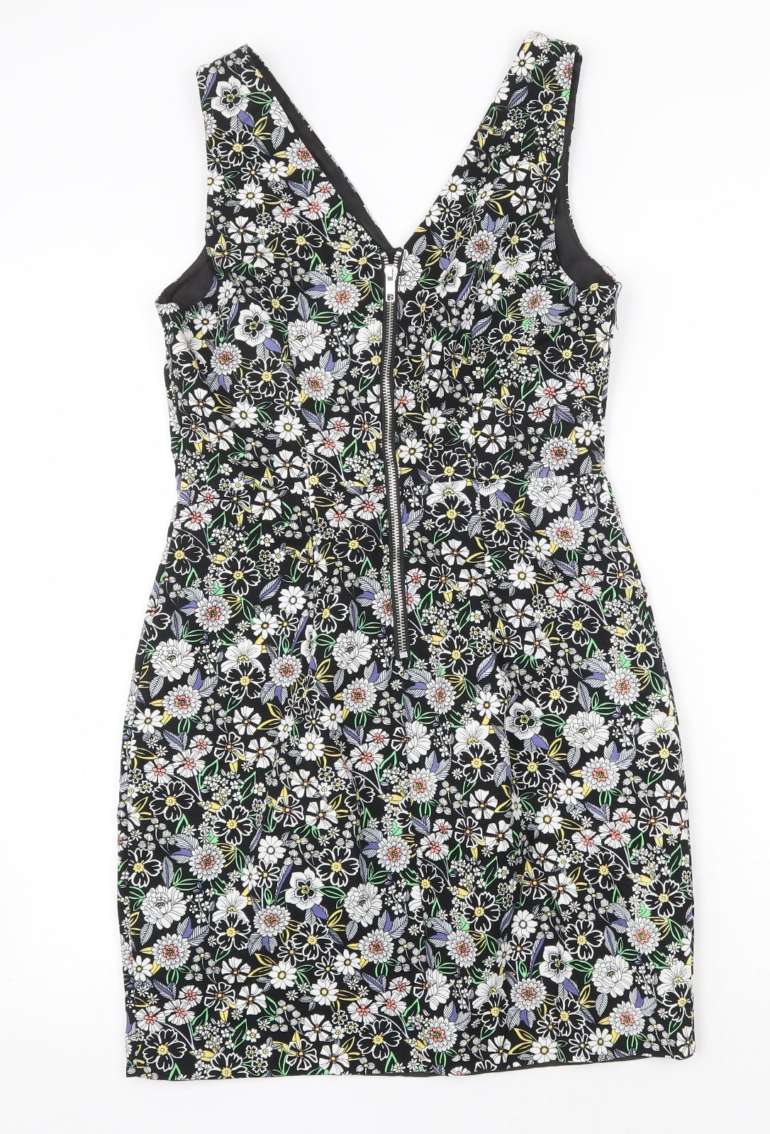 New Look Womens Black Floral 100% Cotton Mini Size 10 V-Neck Zip