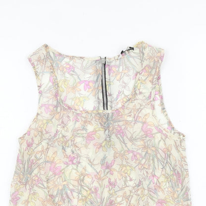 New Look Womens Beige Floral Polyester Basic Tank Size 8 Scoop Neck