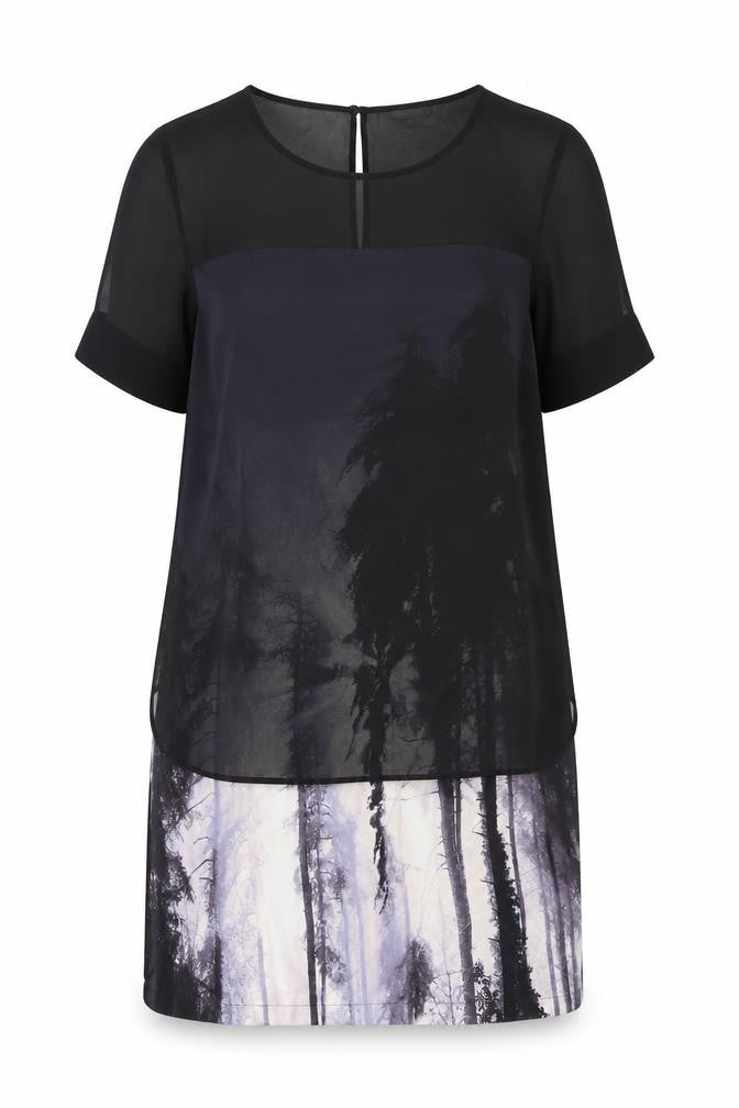 Juniper Womens Black Geometric Polyester Shift Size 12 Scoop Neck Button - Chiffon Overlay Forrest Print