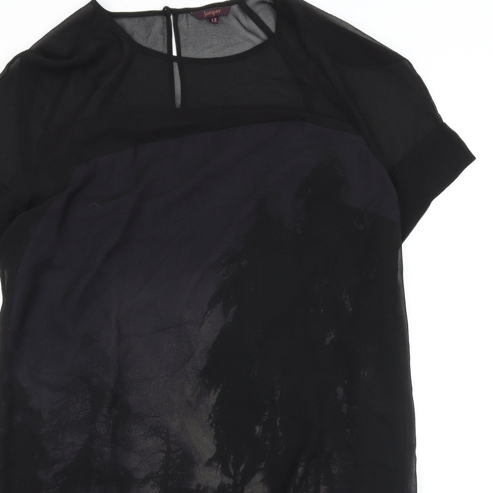 Juniper Womens Black Geometric Polyester Shift Size 12 Scoop Neck Button - Chiffon Overlay Forrest Print