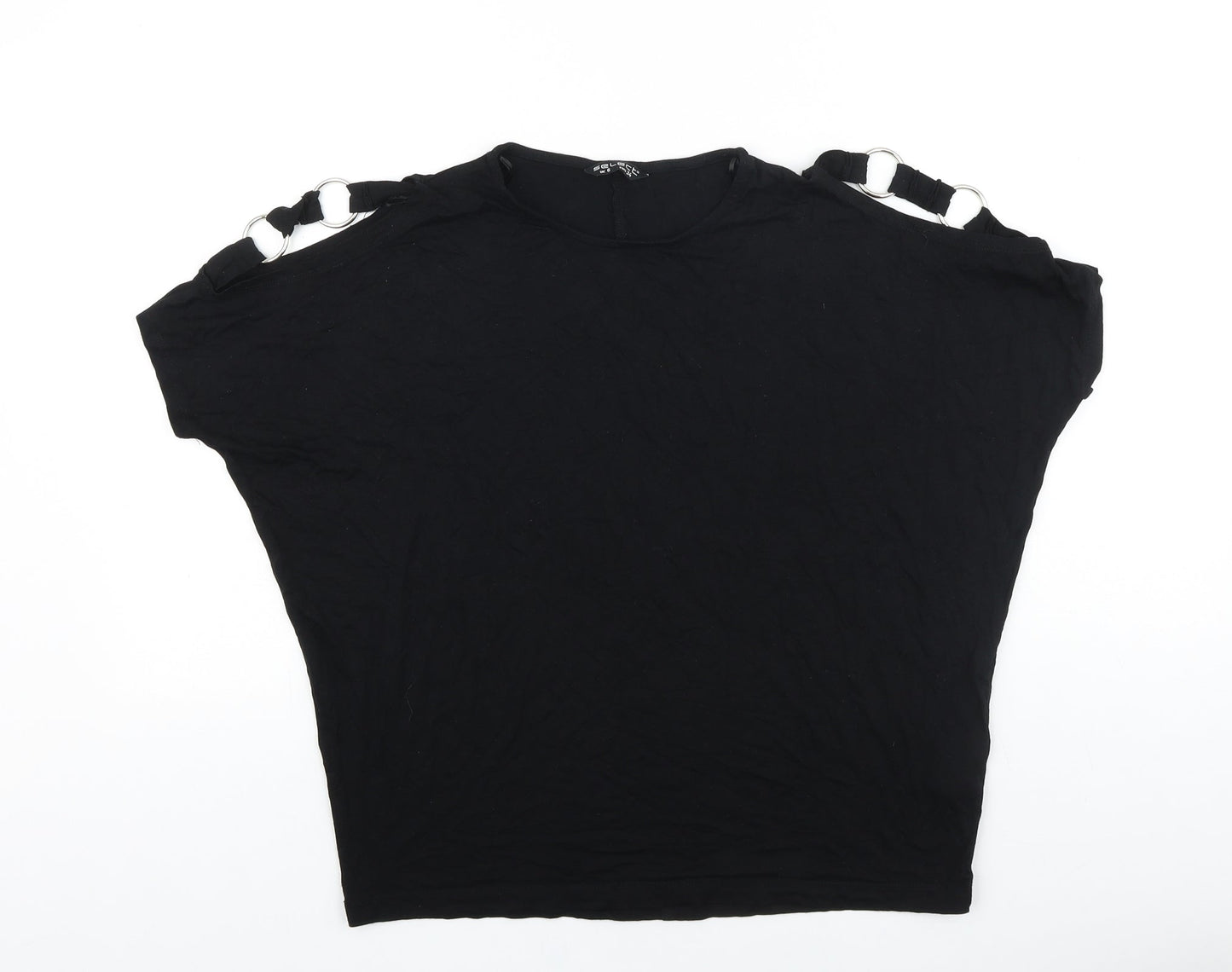 Select Womens Black Viscose Basic T-Shirt Size 6 Round Neck - Chain Detail, Cold Shoulders